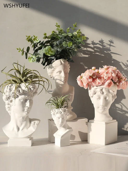 Ancient Greek White Resin Flowerpot Portrait Decoration Gypsum Vase Dry Flower Simulation Sculpture Soft Garden Ornament