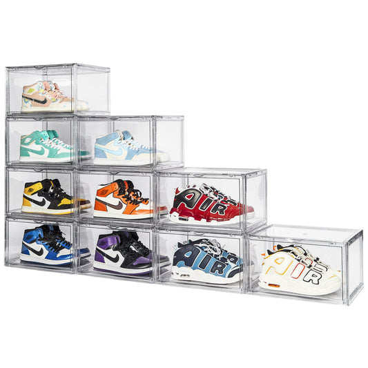 Shoe Storage - 6 Pack Plastic Shoe Storage Boxes - Clear Shoe Storage Boxes Stackable - Magnetic Side Opening Shoe Storage Organizer - Space-Saving Stackable Shoe Boxes - Black