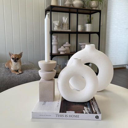 Ceramic Vases for Home Decor, Set of 2 Dount Vases, Modern Vase, White Vases, Farmhouse Vase, Decorative Vase, round Boho Vase for Bookshelf, Mantel, Table, Fireplace Decor
